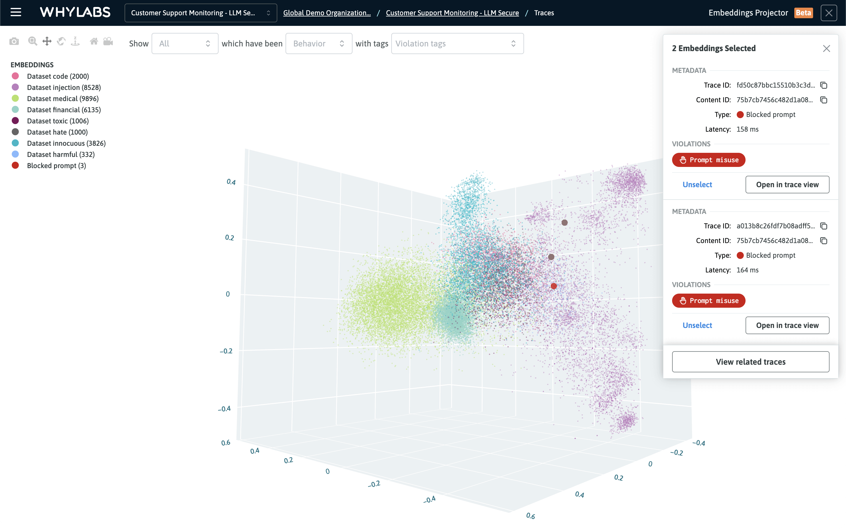 Selected embeddings in the emabeddings projector