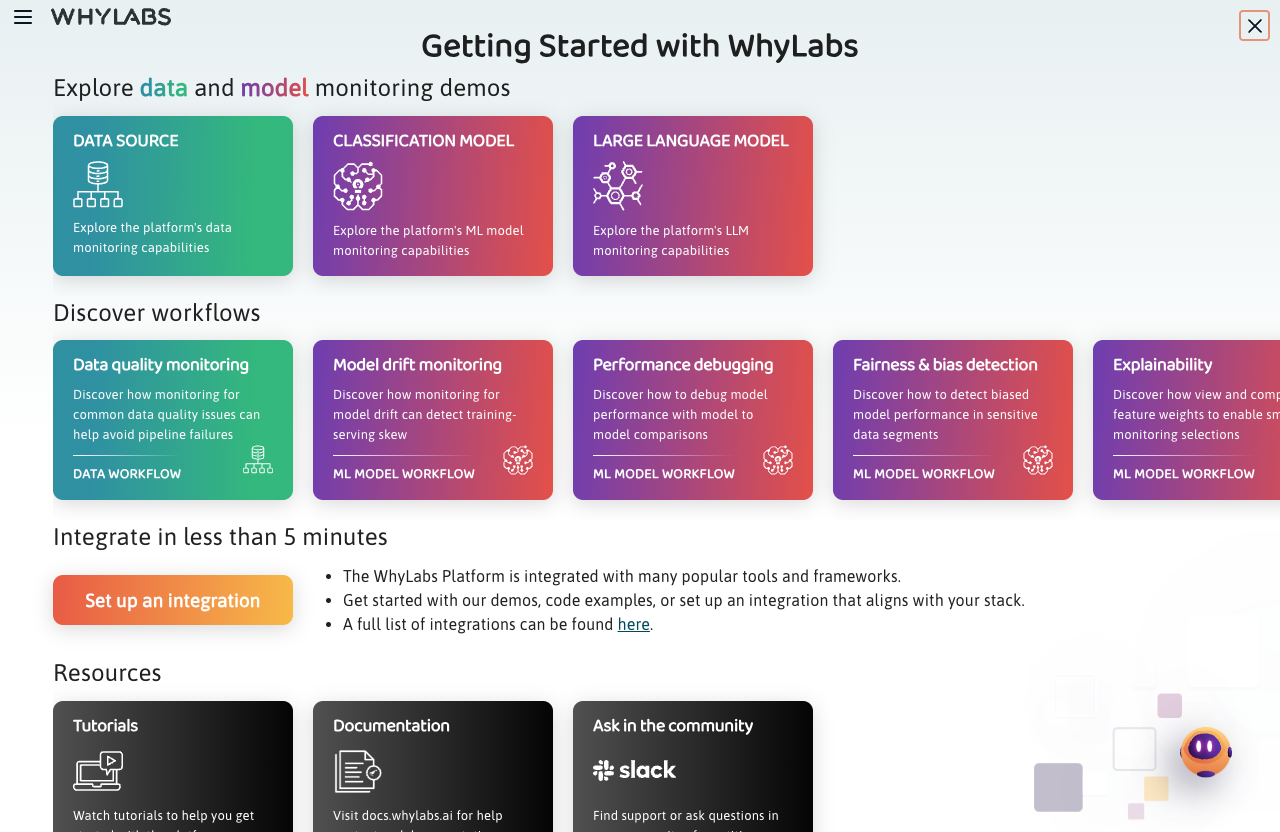 Getting Started with WhyLabs page