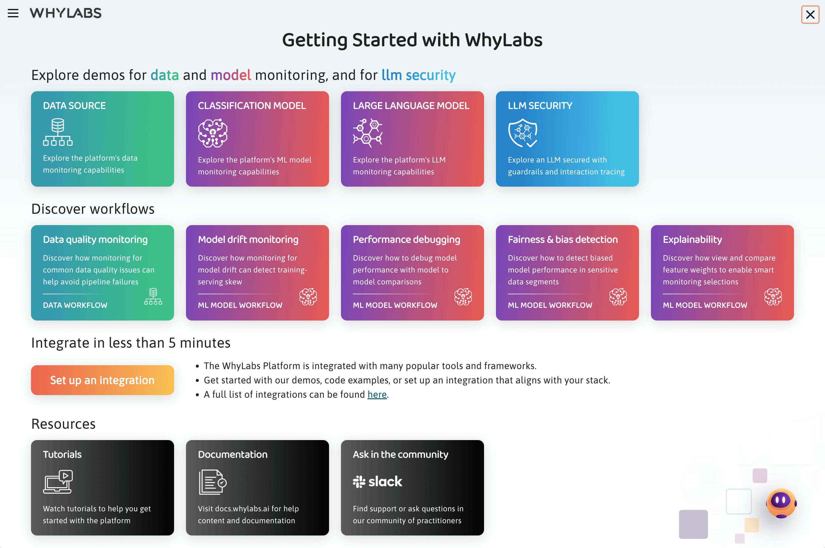 Getting Started with WhyLabs page